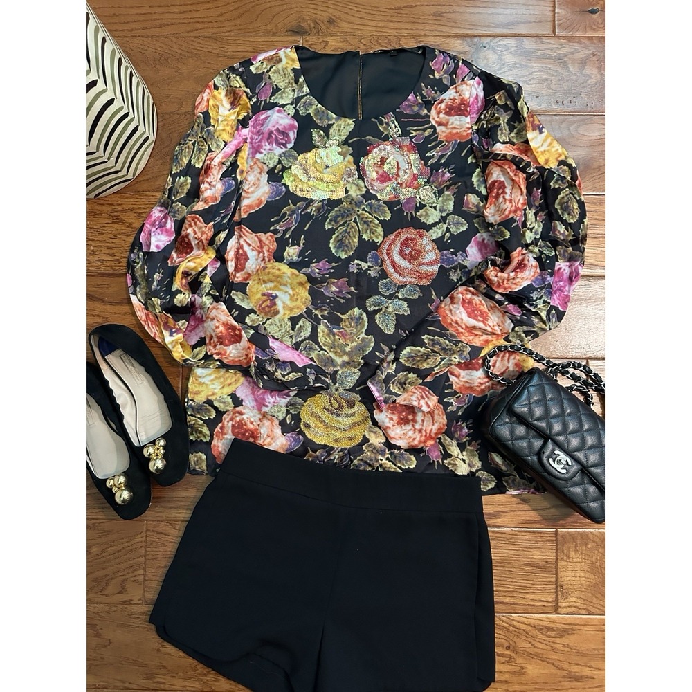 Kobi Halperin Floral Silk-Feel Rayon Blouse Sequin Beaded Embellished Luxury M